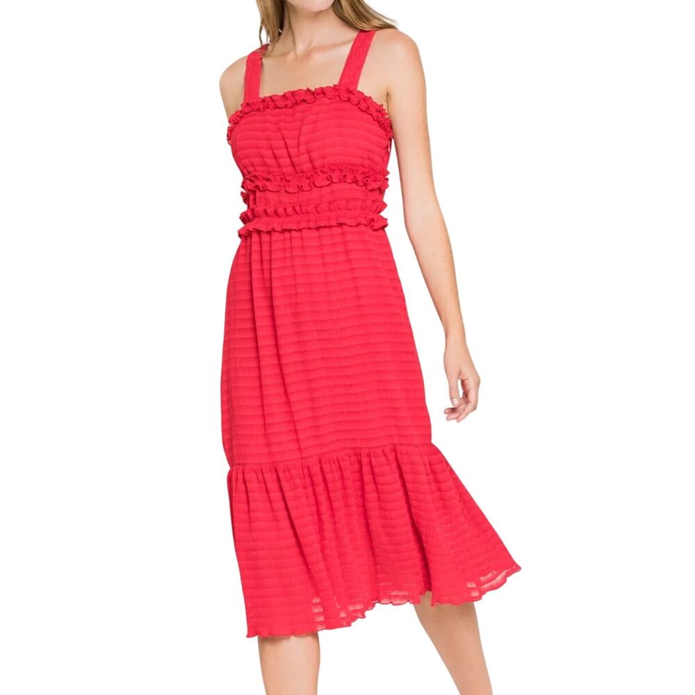 Endless Rose NEW Ruby Red Ruched Midi Ruffle Tiered Sleeveless Smocked Dress